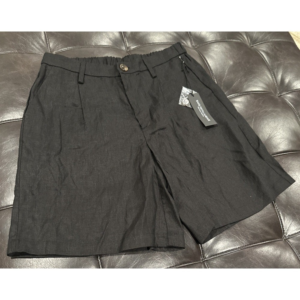 Saks Fifth Avenue Women Size Medium 100% Linen Bermuda Shorts Black Resortwear